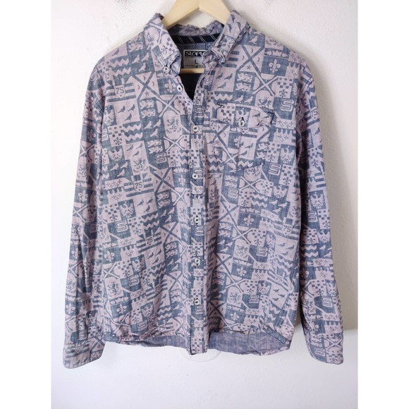 Staple Other - Staple Pink & Blue Print Long Sleeves 100% Cotton Button-Down Shirt Y2K Size L